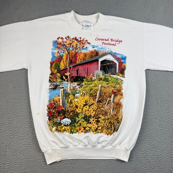 Vintage Covered Bridge Festival Sweatshirt Men's Medium White Indiana Crewneck - Picture 4 of 13